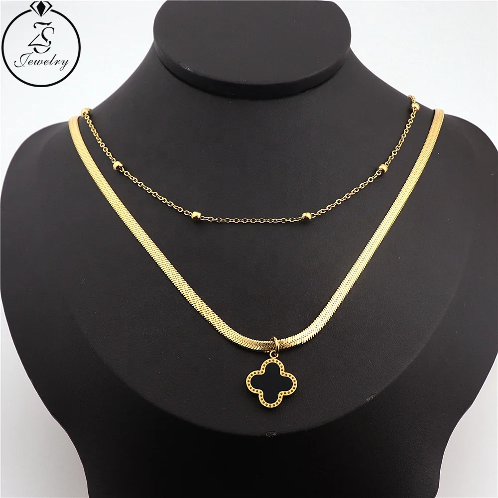 Double Layer Stainless Steel Necklace Black Four Leaf Clover Pendant Girl Necklace Fashion Necklace, Gold/silver
Double Layer Stainless Steel Necklace Black Four Leaf Clover Pendant Girl Necklace Fashion Necklace, Gold/silver