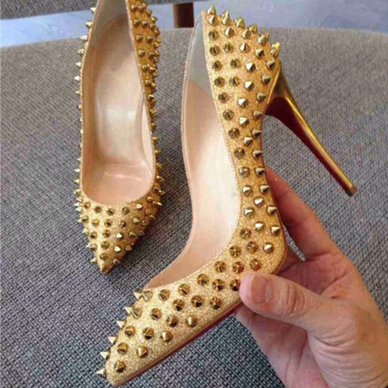 

Gold Silver Spike Women Dress Shoes High Thin Heel Point Toe Party Rivet Pumps New Style Top Brand Big Size Best Cheap Stiletto, Silver,gold