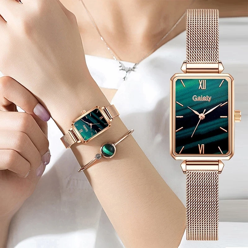 

Gaiety Brand Fashion Square Ladies Quartz Watch Bracelet Set Green Dial Simple Rose Gold Mesh Luxury Women Watches
