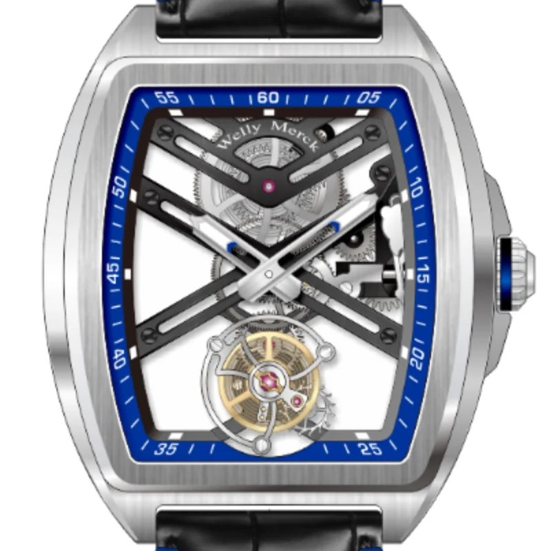 

Welly Merck Black Luxury Oem Men's Automatic Mechanical Skeleton Tourbillon Wrist Watch Relojes Hombre