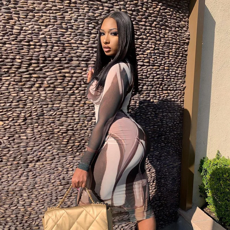 2021 Spring women new fashion high neck printed mesh see-through long sleeve dress
2021 Spring women new fashion high neck printed mesh see-through long sleeve dress