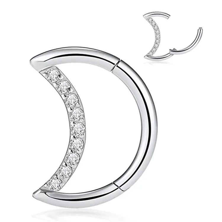 

316L Surgical Steel Jewelry Supplies Body Piercing Zircon Prong Setting Crescent Moon Shape Hoop Nose Ring, Gold,rose gold,clear (custom color acceptable)