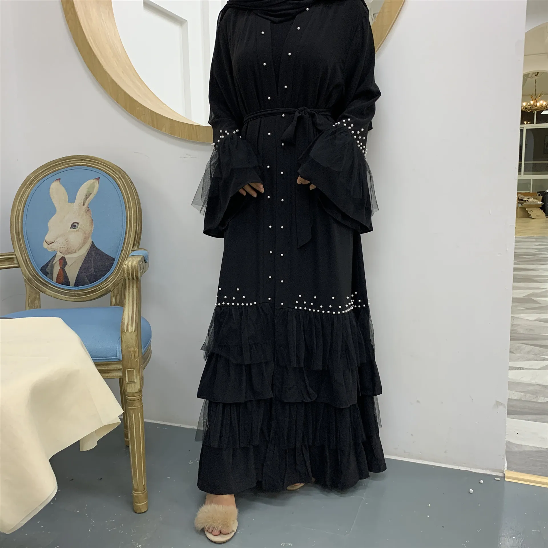 Yibaoli Manufacturer beaded muslim kimono open abaya with lace and belt navy abaya front open, Black
Yibaoli Manufacturer beaded muslim kimono open abaya with lace and belt navy abaya front open, Black