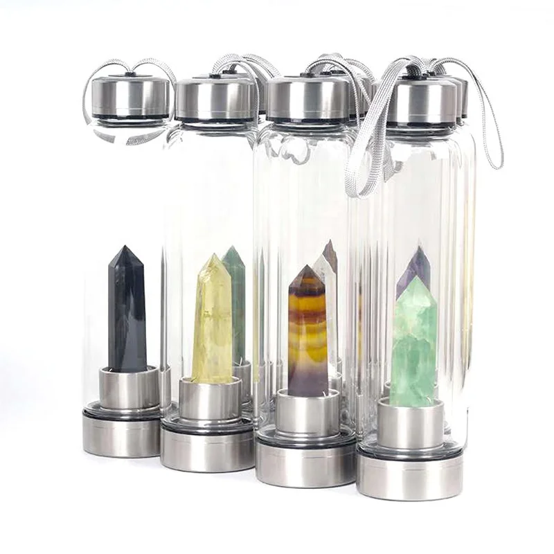 

Custom logo Wholesale natural gemstone drink healing quartz stones infused elixir glass crystal water bottle, Transparent clear