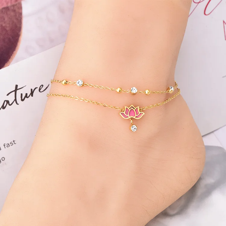 

Wholesale Double Layer Foot Chain Anklet Waterproof Pink Lotus 18k Gold Plated Stainless Steel Anklets For Women