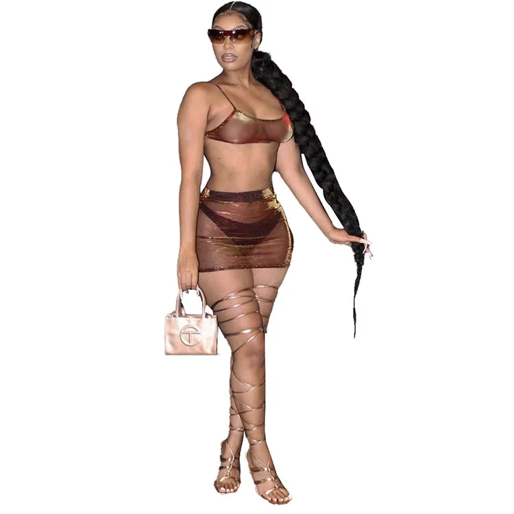 2021 spring and summer mesh women's clothing brown slide silk transparent two-piece suit, Customized color
2021 spring and summer mesh women's clothing brown slide silk transparent two-piece suit, Customized color