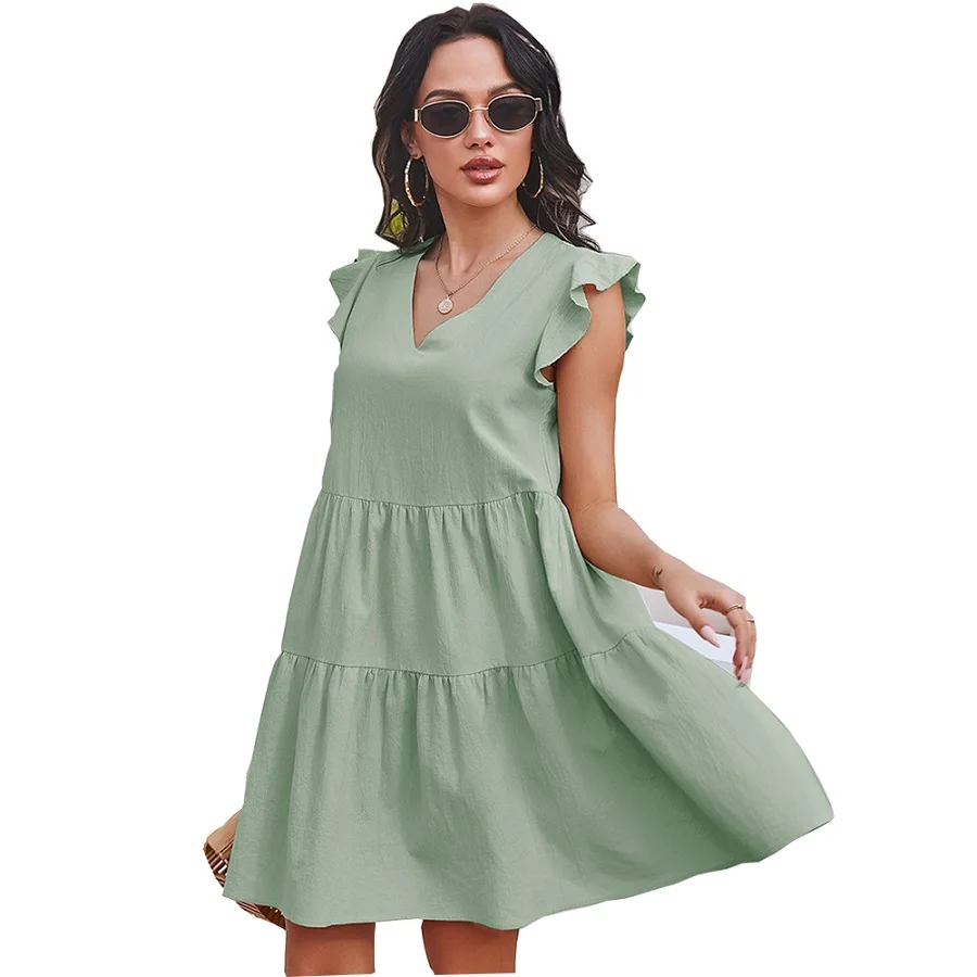 Women V Neck Ruffle Sweet Solid Short Sleeve Comfortable And Breathable Fashion Dresses
Women V Neck Ruffle Sweet Solid Short Sleeve Comfortable And Breathable Fashion Dresses