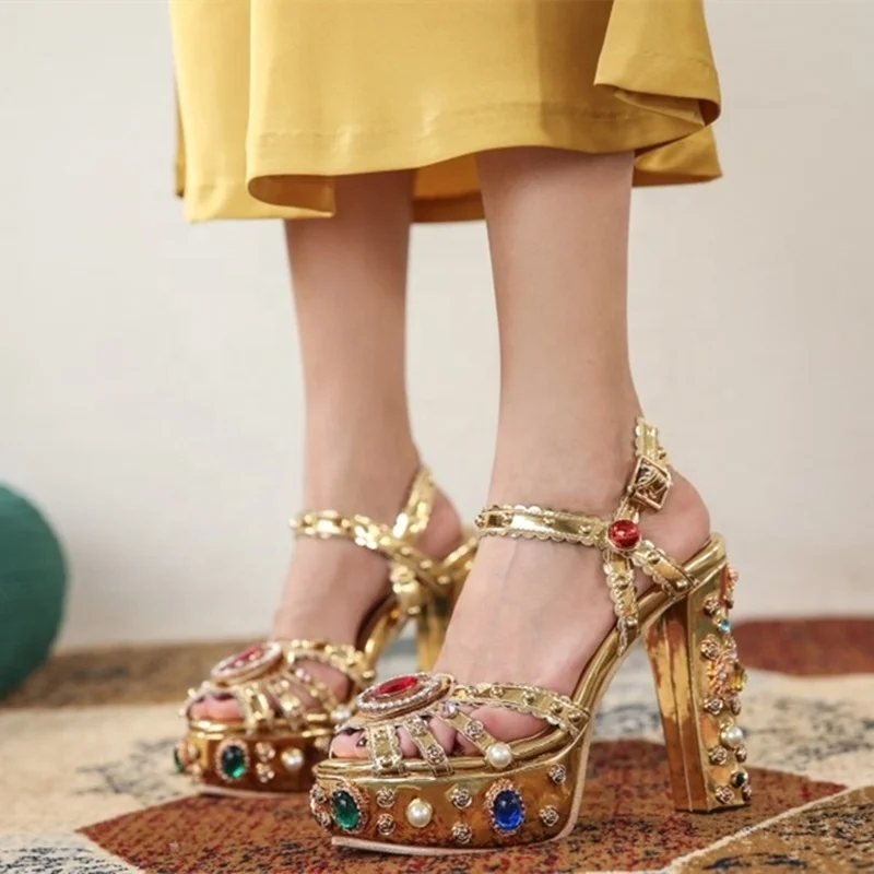 Baroque Style Gem Ornament Luxury Golden Women Dress Shoes High Chunky Heel Sandals Summer Platform Shoes Plus Size 43, Gold
Baroque Style Gem Ornament Luxury Golden Women Dress Shoes High Chunky Heel Sandals Summer Platform Shoes Plus Size 43, Gold