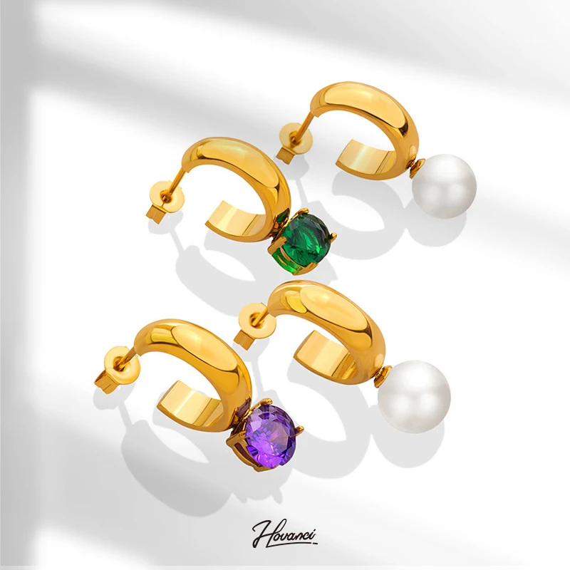 HOVANCI Trendy Jewelry Women Stainless Steel 18k Gold Green Purple Zircon Pearl Stud Earrings
HOVANCI Trendy Jewelry Women Stainless Steel 18k Gold Green Purple Zircon Pearl Stud Earrings