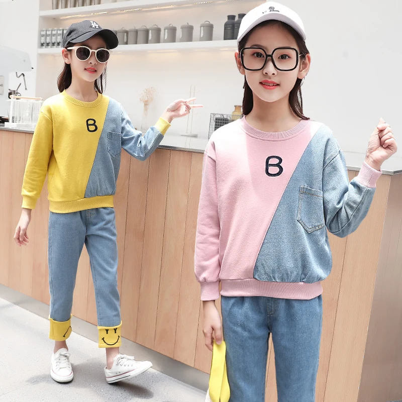 Girls' color matching top + jeans set Autumn 2021 children's boutique two-piece suit Girls' sports jeans two-piece suit, Yellow, pink
Girls' color matching top + jeans set Autumn 2021 children's boutique two-piece suit Girls' sports jeans two-piece suit, Yellow, pink