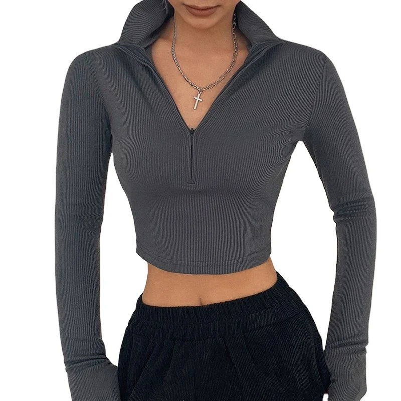 2021 Spring Fashion Fitness Sportswear Plain Knitted Half Zip Blouse Pleated Crop Tops Shirt, Dark gray
2021 Spring Fashion Fitness Sportswear Plain Knitted Half Zip Blouse Pleated Crop Tops Shirt, Dark gray