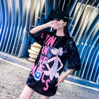 

Women Sequined Spliced Fashion T Shirts Ladies O Neck Short Sleeve Shiny Tops Summer High Street Pink Panther Print Casual Tops