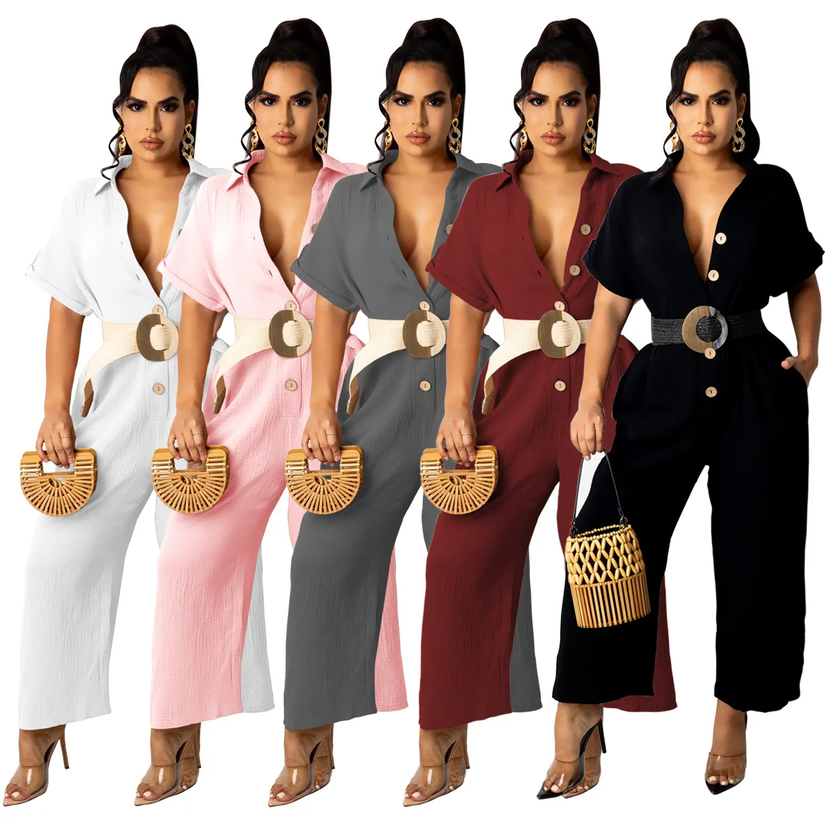2021 New Arrivals Fashion Women Casual Turn Down Collar Short Sleeve Wide Leg Pants Loose Solid Jumpsuit, Picture show
2021 New Arrivals Fashion Women Casual Turn Down Collar Short Sleeve Wide Leg Pants Loose Solid Jumpsuit, Picture show