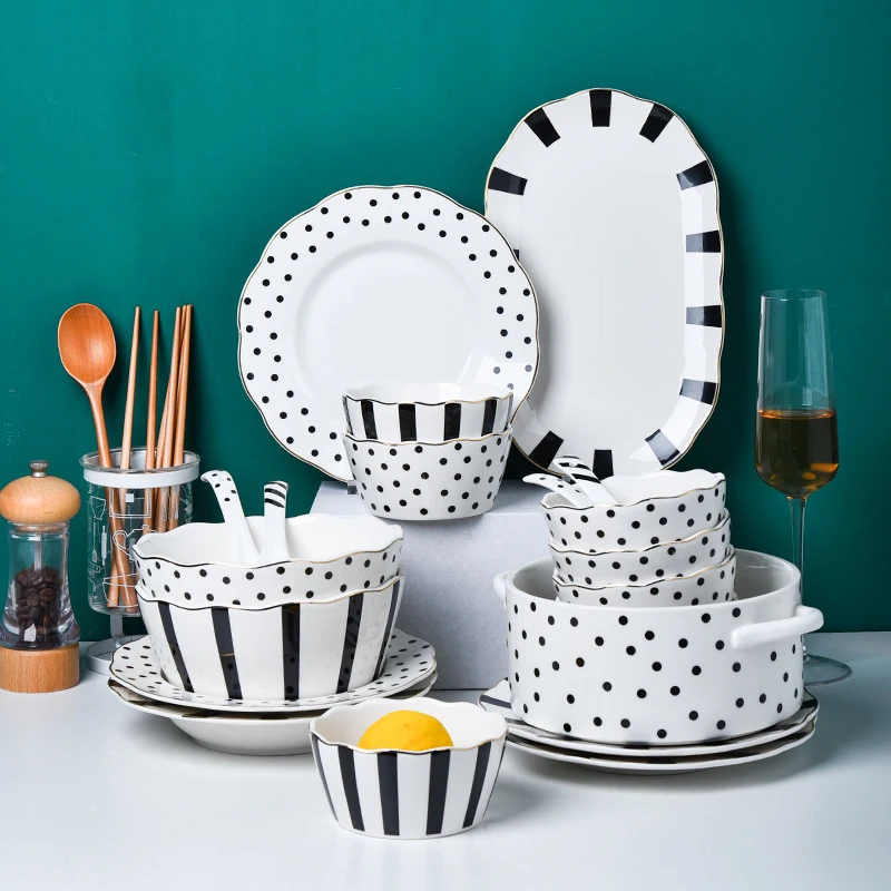 Ceramic Dinnerware Painted With Polka Dot Or Stripes Burned Cup Plate Spoon, Black and white
Ceramic Dinnerware Painted With Polka Dot Or Stripes Burned Cup Plate Spoon, Black and white