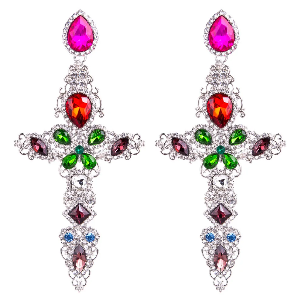 Luxury Silver Plated Full Rhinestone Large Cross Dangle Earrings Long Colorful Crystal Cross Drop Earrings (KER597), Same as the picture
Luxury Silver Plated Full Rhinestone Large Cross Dangle Earrings Long Colorful Crystal Cross Drop Earrings (KER597), Same as the picture