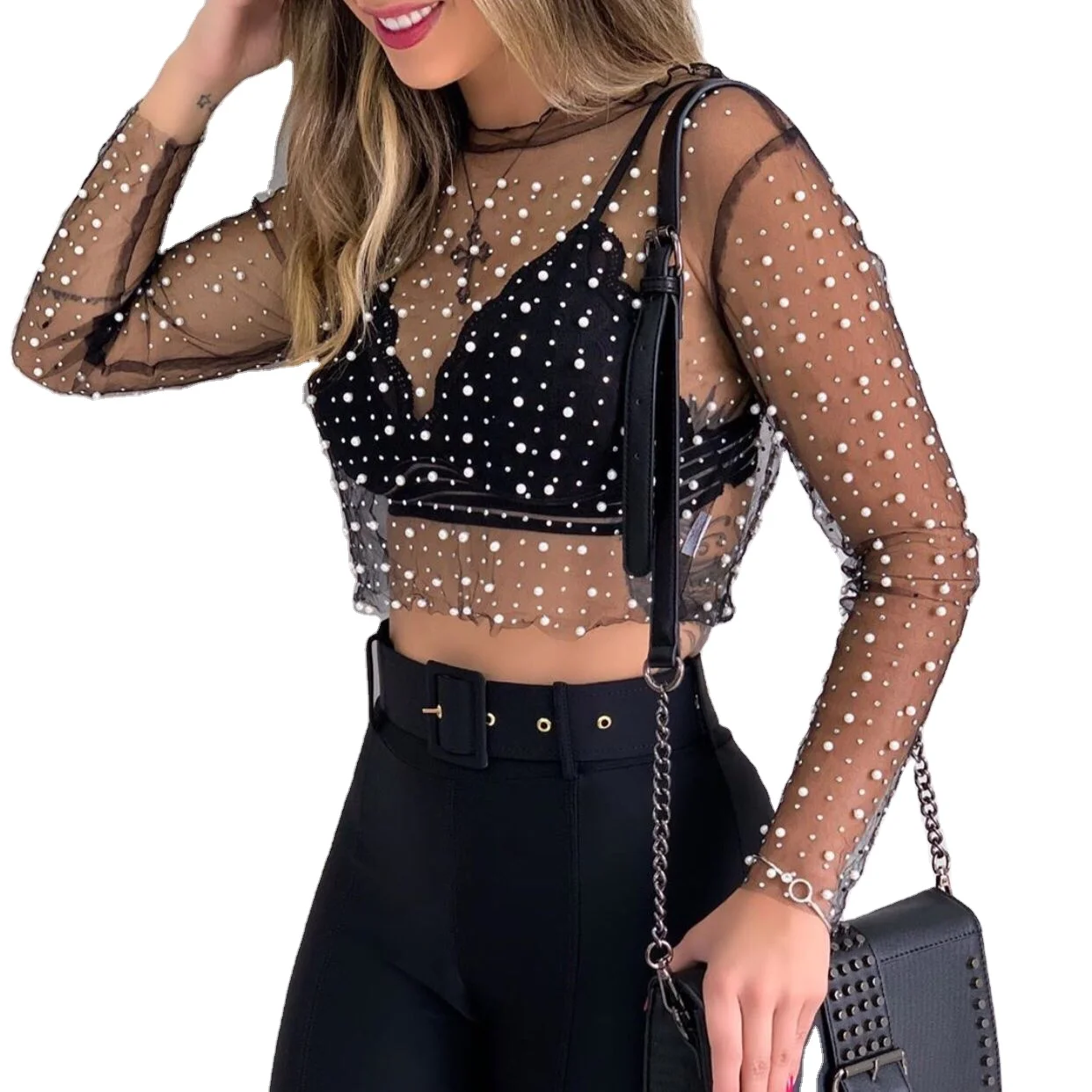 Super Fairy Sexy Perspective Lace Shirt with Bright Diamond Beads Inside and Outside Wearing Mesh Long Sleeve Top
Super Fairy Sexy Perspective Lace Shirt with Bright Diamond Beads Inside and Outside Wearing Mesh Long Sleeve Top