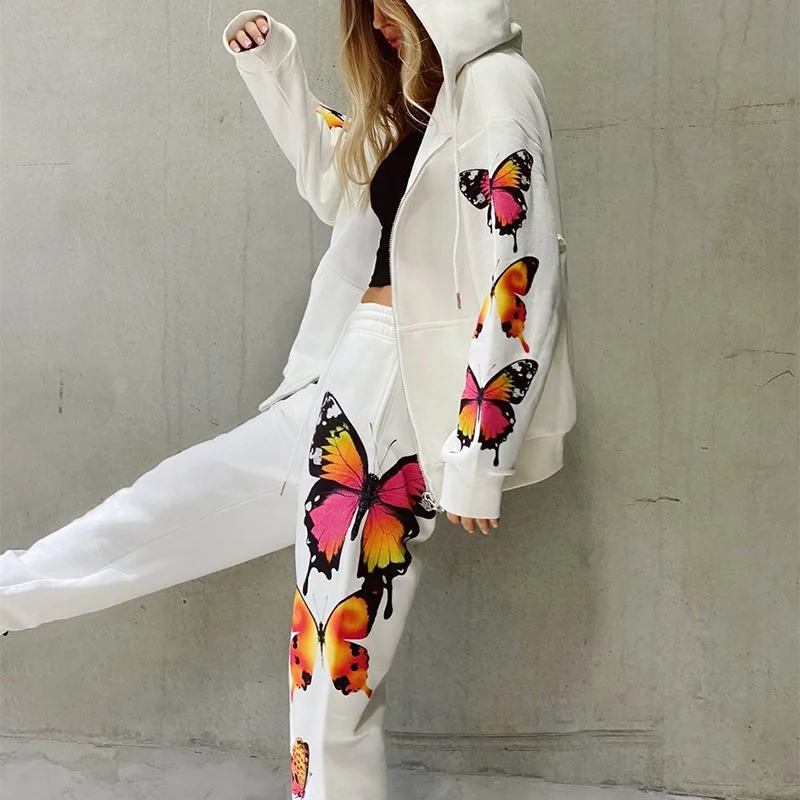 R40554S hot style european butterfly print long-sleeved hooded zipper casual sweater suit women, As picture 
R40554S hot style european butterfly print long-sleeved hooded zipper casual sweater suit women, As picture