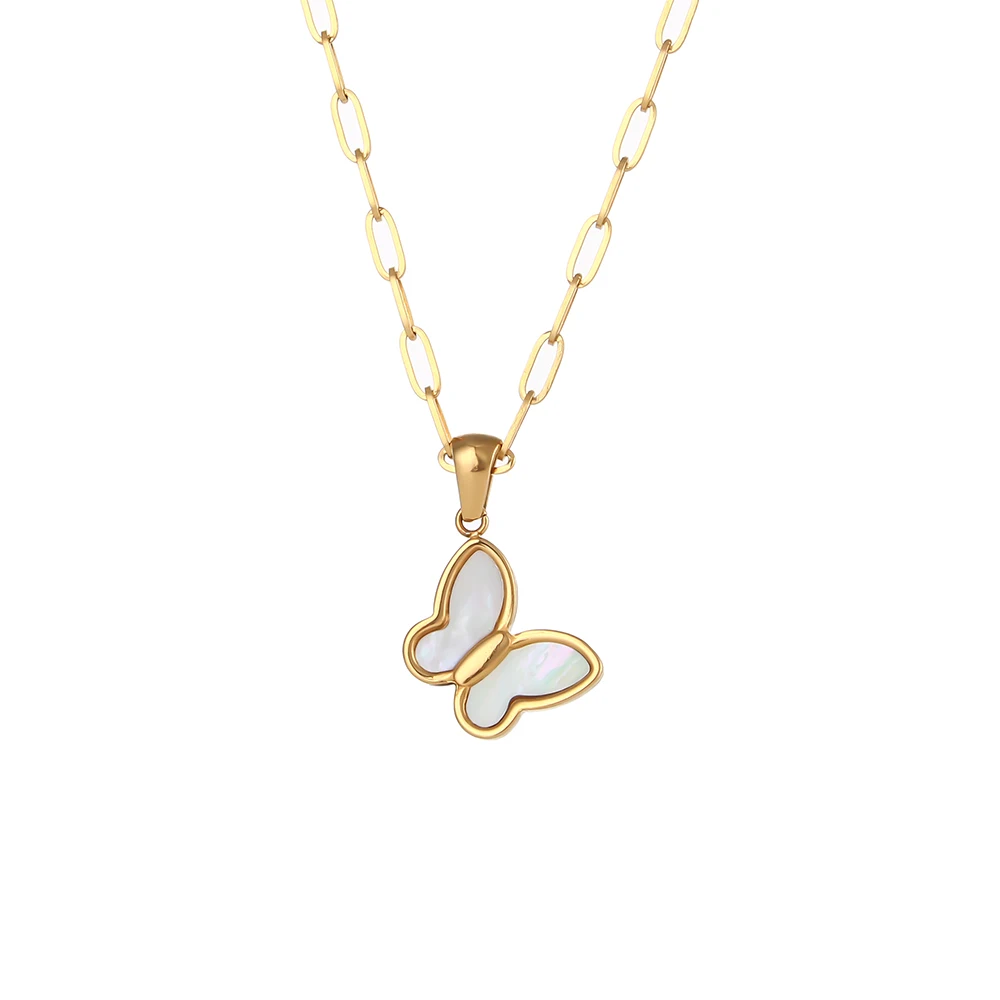 Paperclip Chain White Shell Butterfly Pendant Necklace Stainless Steel 18k Plated Gold Necklace
Paperclip Chain White Shell Butterfly Pendant Necklace Stainless Steel 18k Plated Gold Necklace