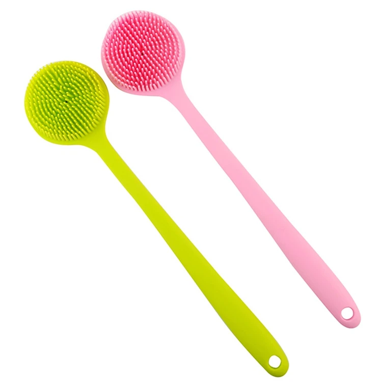 

Hot Silicone Bathing Shower Double Side Long Handle Wet Dry Exfoliating Back Scrubber Cellulite Massager Body Brushes Bath Brush, Pink/green/gray/blue