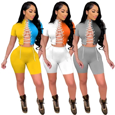 2021 New Arrivals Women Patchwork Two Piece Short Set Summer Ladies Clothes Bandage Short Shirt 2 Piece Pant Set Women Clothing
2021 New Arrivals Women Patchwork Two Piece Short Set Summer Ladies Clothes Bandage Short Shirt 2 Piece Pant Set Women Clothing