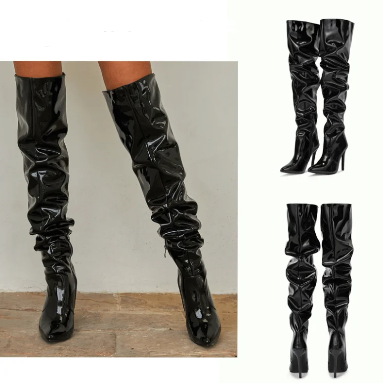 Stretch over-the-knee boots patent leather black zipper pointy toe high heel knee high boots
Stretch over-the-knee boots patent leather black zipper pointy toe high heel knee high boots