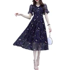 2019 Women Summer Casual Flare Sleeve A Line Floral Print Chiffon Dress