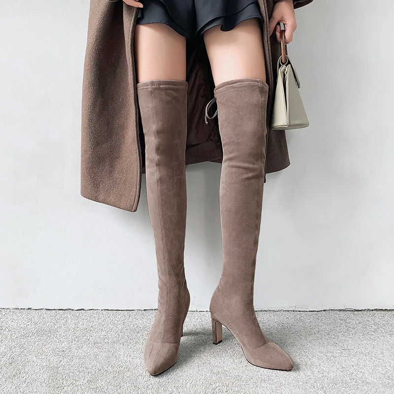 Women's Round Toe Chunky Heel Over The Knee High Elastic Suede Boots, Black/grey/khaki
Women's Round Toe Chunky Heel Over The Knee High Elastic Suede Boots, Black/grey/khaki