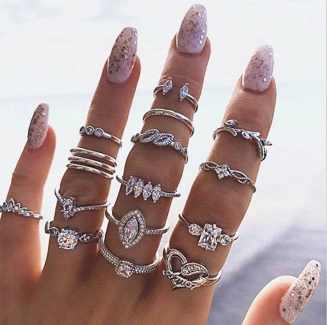 

2022 New 15PCS/Set Crystal Heart Ring Set For Women Elegant RH Plated Finger Rings Fashion Statement Female Jewelry Gift