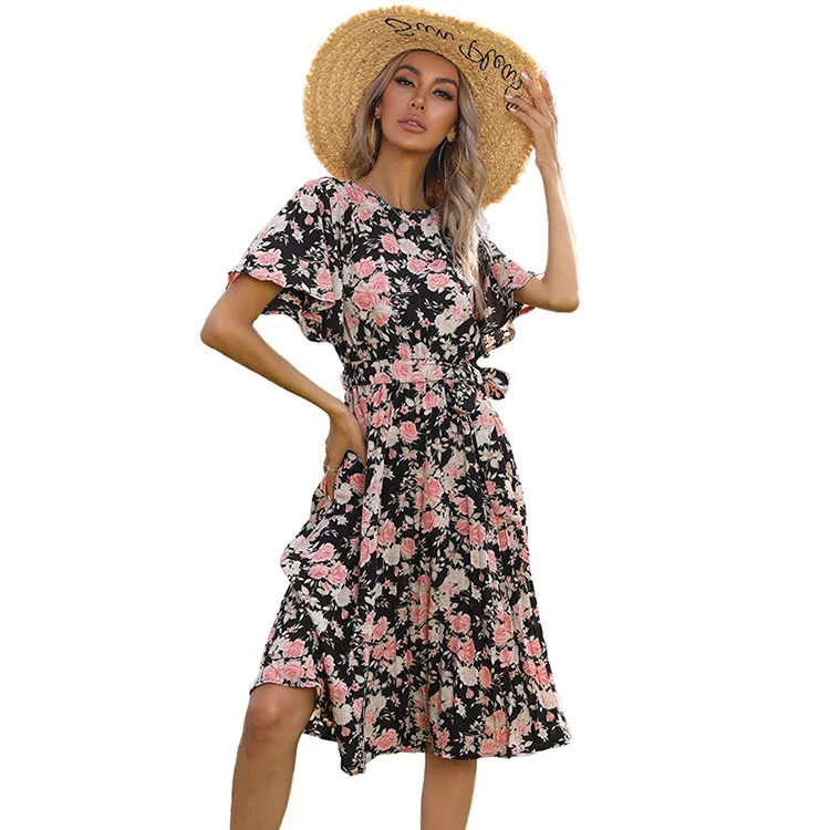 2021 Floral Summer Printed Lotus Leaf Sleeve Round Neck Tie Pleated Spring Casual Dresses, Blue
2021 Floral Summer Printed Lotus Leaf Sleeve Round Neck Tie Pleated Spring Casual Dresses, Blue