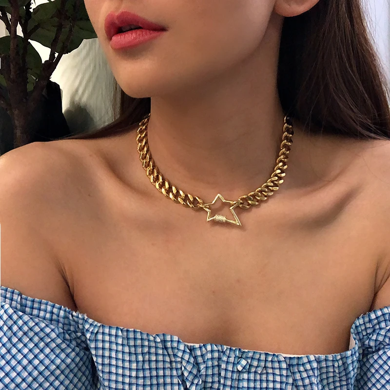 Star Carabiner Choker Necklaces Gold Plated Heavy Cuban Chain Necklaces for Women Statement CZ Stone Screw Lock Clasp Necklaces
Star Carabiner Choker Necklaces Gold Plated Heavy Cuban Chain Necklaces for Women Statement CZ Stone Screw Lock Clasp Necklaces