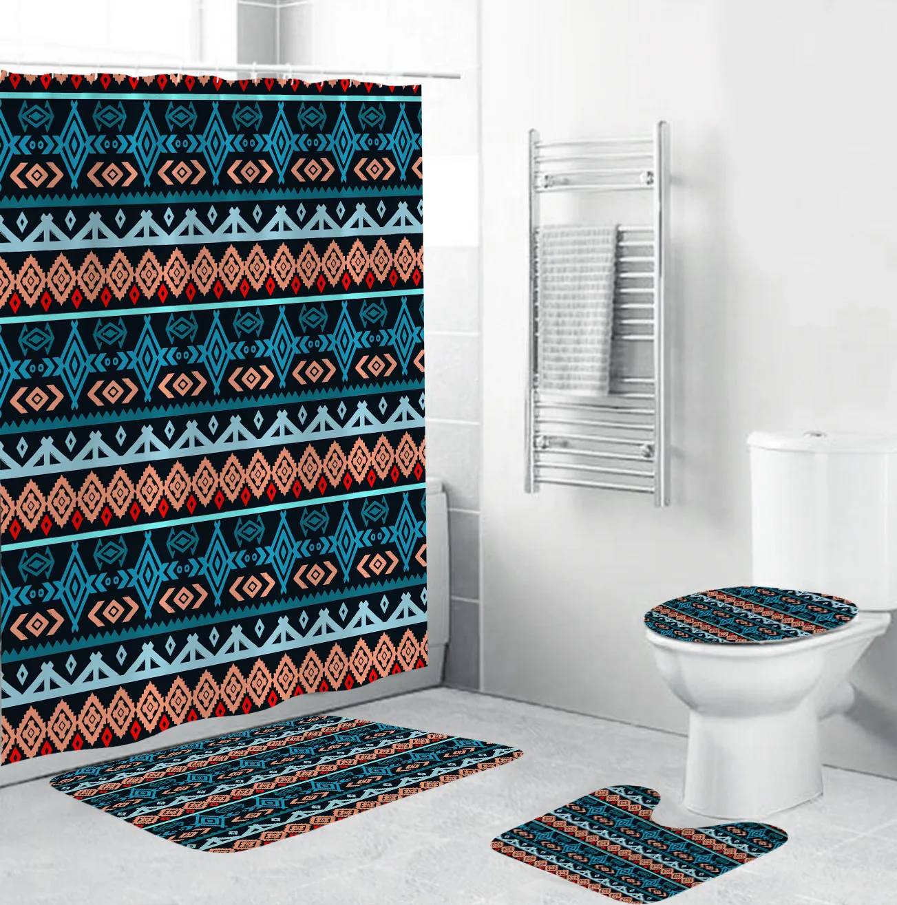 4 Pcs of Bohemian Geometric Shower Curtain Set with Non-Slip Rugs Toilet lid Cover and U-Shaped Mat, Waterproof Shower Curtain/
4 Pcs of Bohemian Geometric Shower Curtain Set with Non-Slip Rugs Toilet lid Cover and U-Shaped Mat, Waterproof Shower Curtain/