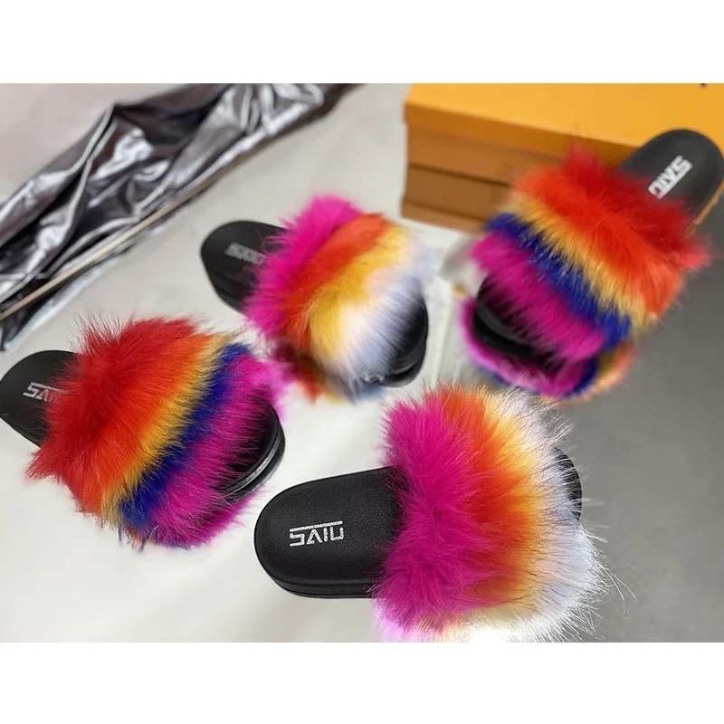 Wholesale hot rainbow fluffy Women slippers outerwear Fox furry fur Slides clothing lady Indoor slippers sandals and slippers
Wholesale hot rainbow fluffy Women slippers outerwear Fox furry fur Slides clothing lady Indoor slippers sandals and slippers