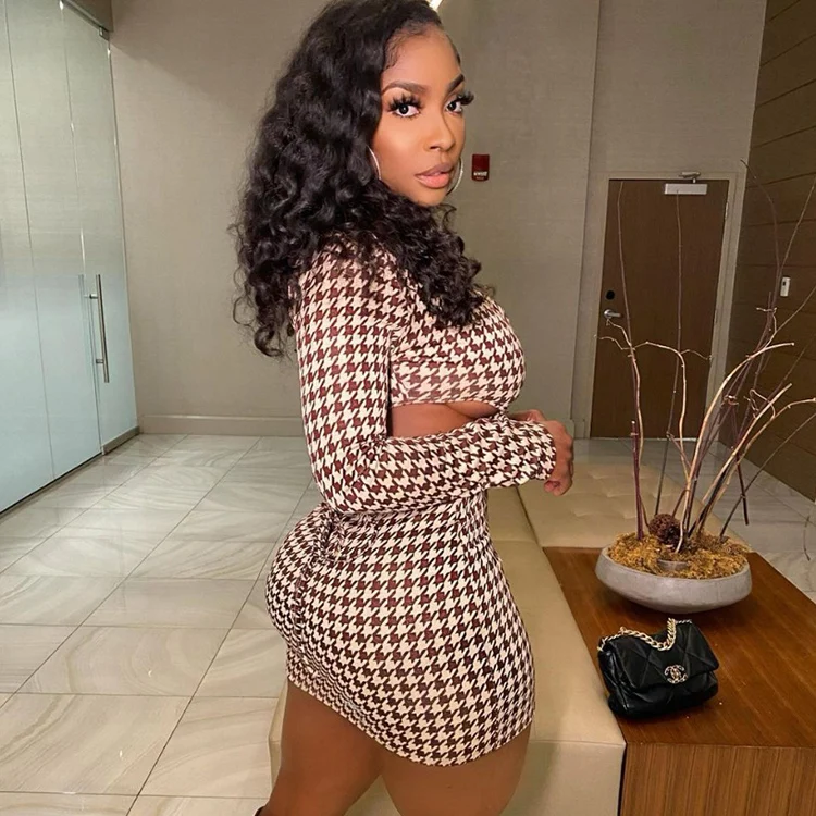 Trendy 2022 Spring Fashion V Neck Houndstooth Cutout Dress Women Long Sleeve Sexy Short Dresses, Wine red 
Trendy 2022 Spring Fashion V Neck Houndstooth Cutout Dress Women Long Sleeve Sexy Short Dresses, Wine red
