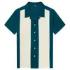 Custom Mens Vintage 80s Bowling Shirt Cotton Teal Ivory Splicing Short Sleeved Button Up Event Clothing