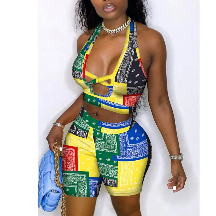 Summer new fashion colorful printed sexy two piece sets deep V-Neck crop top bodycon short pant
Summer new fashion colorful printed sexy two piece sets deep V-Neck crop top bodycon short pant