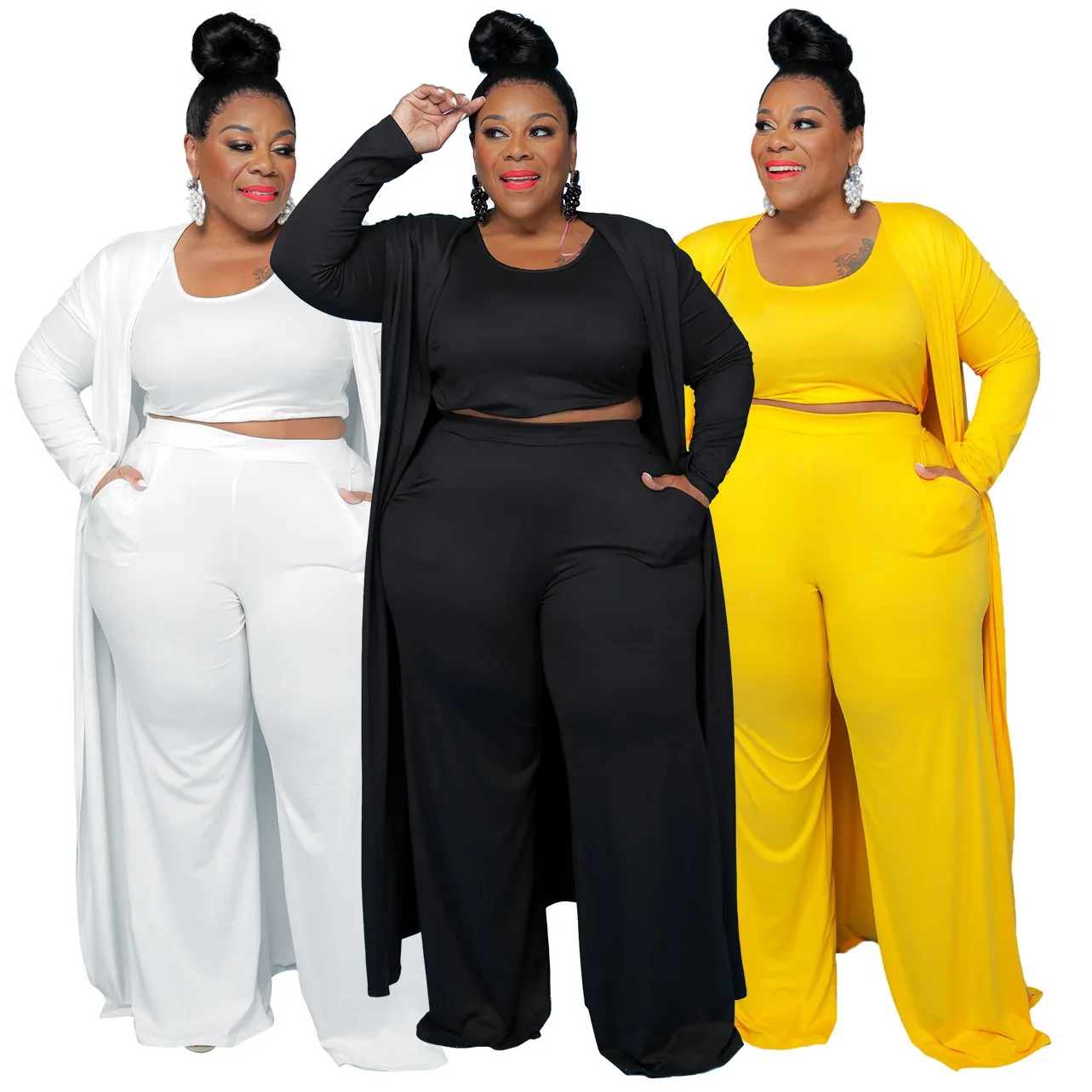 Fashionable 2021 Autumn Casual Solid Color Button Jacket Sling Crop Top Loose Pants Women Plus Size Three Pieces Set
Fashionable 2021 Autumn Casual Solid Color Button Jacket Sling Crop Top Loose Pants Women Plus Size Three Pieces Set