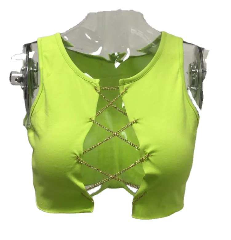 Chain Crop Top hot sale Women rhinestone Sleeveless T-shirt Cotton Lace Up Sleeveless Nightclub Top patchwork 470170
Chain Crop Top hot sale Women rhinestone Sleeveless T-shirt Cotton Lace Up Sleeveless Nightclub Top patchwork 470170