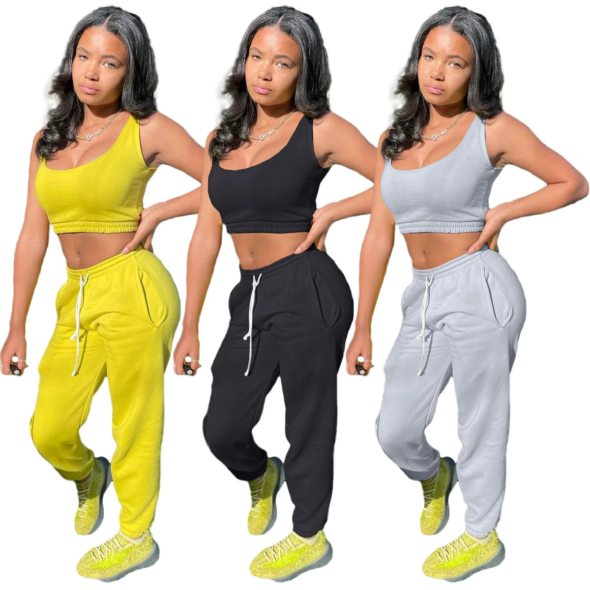 2021 Summer Two Piece Pants Set Solid Fitness Tracksuit Vest Top and Training Wear Drawstring Trousers 2 Piece Jogger Suit, Picture
2021 Summer Two Piece Pants Set Solid Fitness Tracksuit Vest Top and Training Wear Drawstring Trousers 2 Piece Jogger Suit, Picture