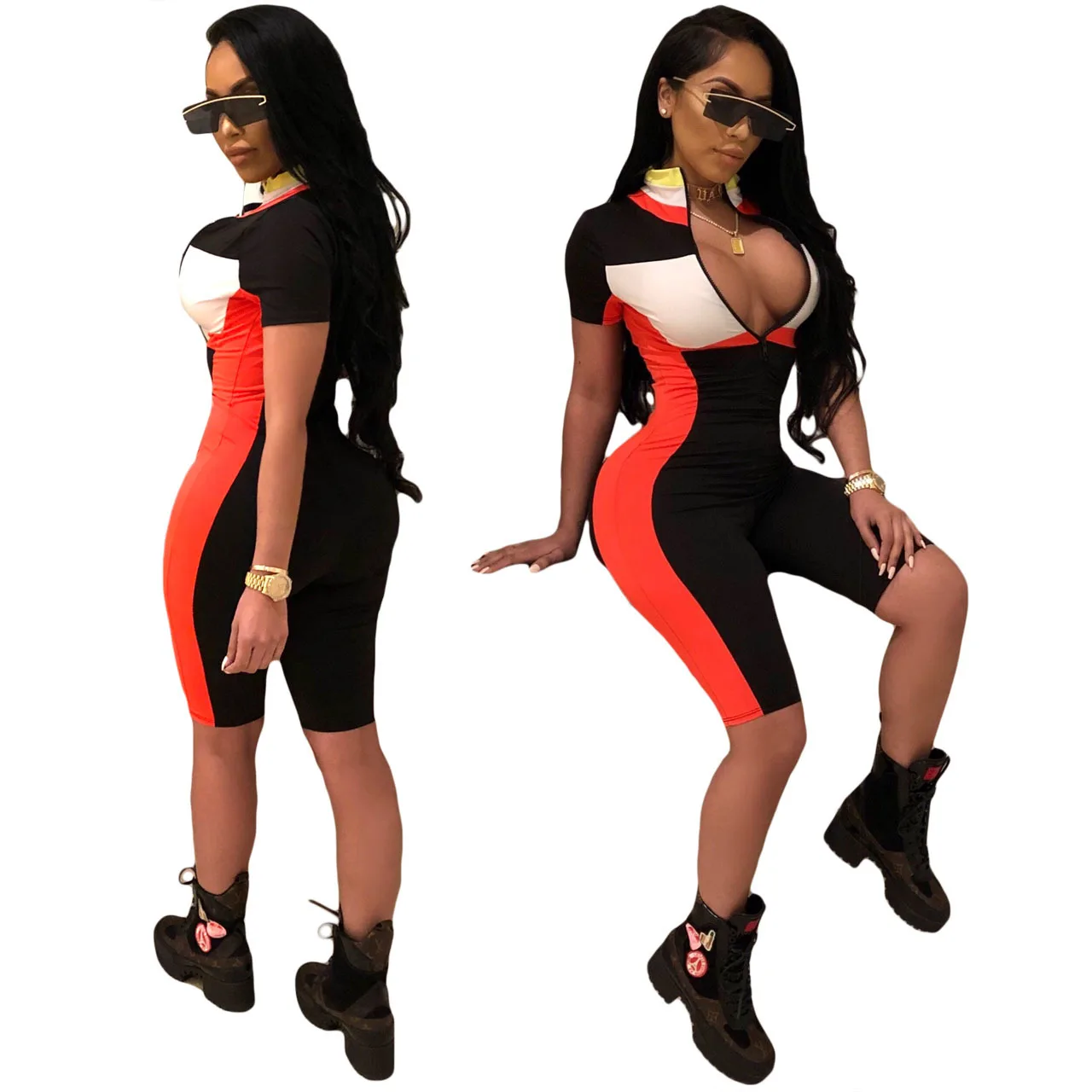 Fashion Wholesale Hot Sexy Tight Slim Stripe Splicing Vest Zipper Stand Up Collar Sports Biker Romper For Women, Shown
Fashion Wholesale Hot Sexy Tight Slim Stripe Splicing Vest Zipper Stand Up Collar Sports Biker Romper For Women, Shown