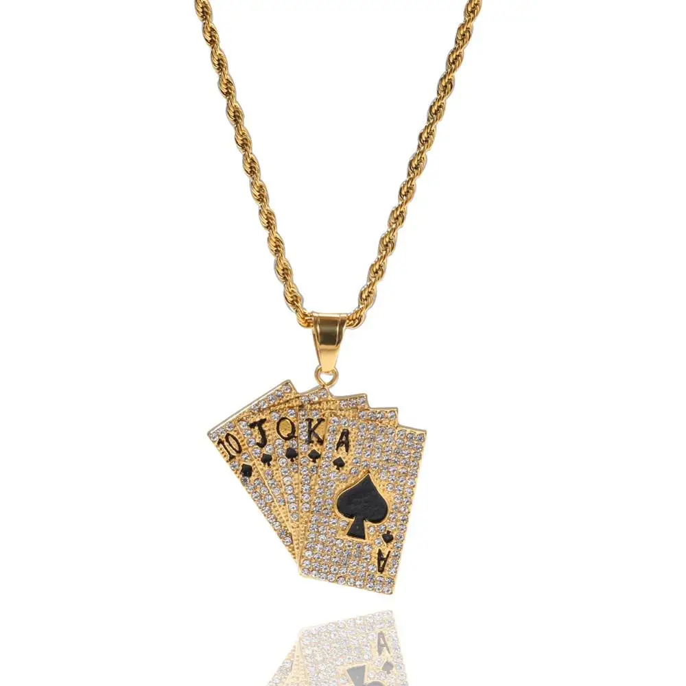 Hiphop Iced Out Playing Card Straight Flush Pendant With Stainless Steel Chain Men's Poker Necklace Golden Jewelry
Hiphop Iced Out Playing Card Straight Flush Pendant With Stainless Steel Chain Men's Poker Necklace Golden Jewelry