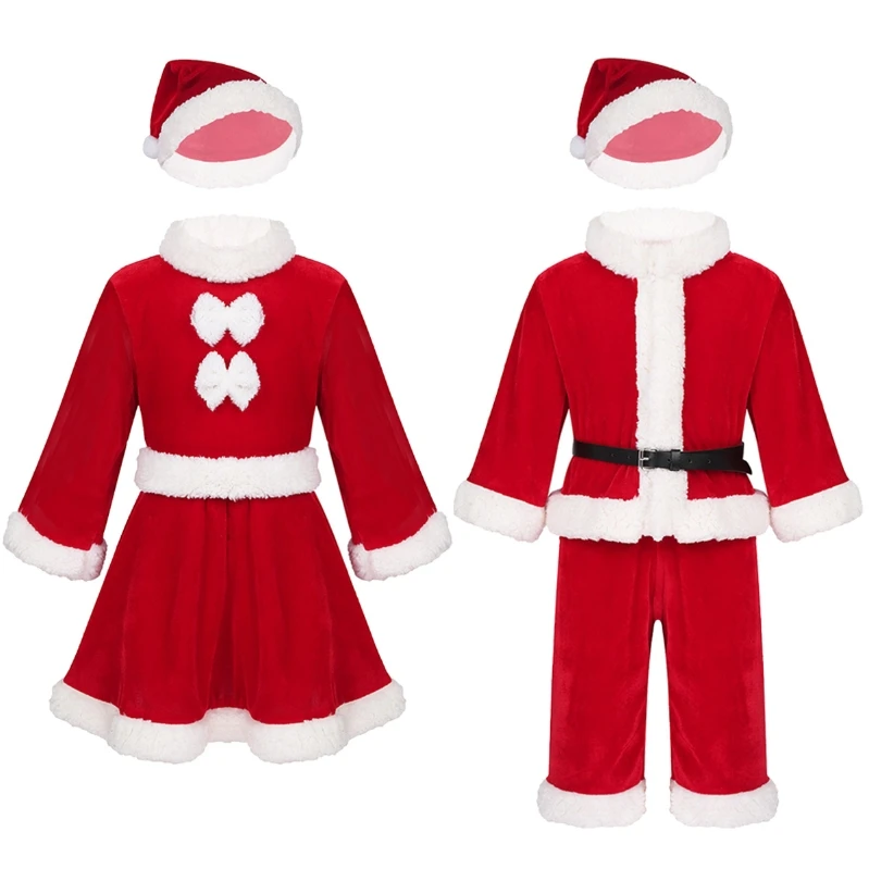 Baby Santa Claus Costumes Girls Velvet Dress with Hat Outfits Boys Tops with Pants Belt Hat Set for Christmas Party Holiday
Baby Santa Claus Costumes Girls Velvet Dress with Hat Outfits Boys Tops with Pants Belt Hat Set for Christmas Party Holiday