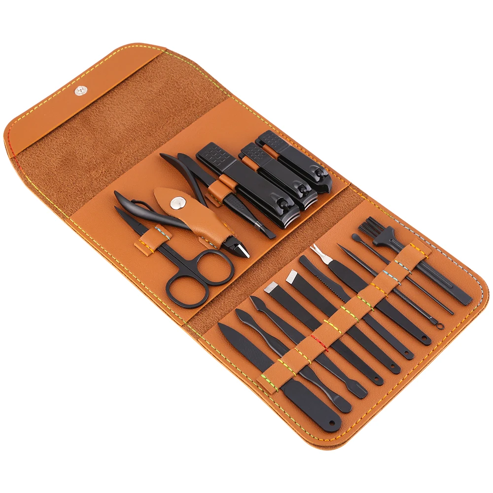 

Hot Sale Product Stainless Steel Manicure Set 16 Pieces Private Label Black 16pcs Nail Clipper Pedicure Set With PU Leather Case