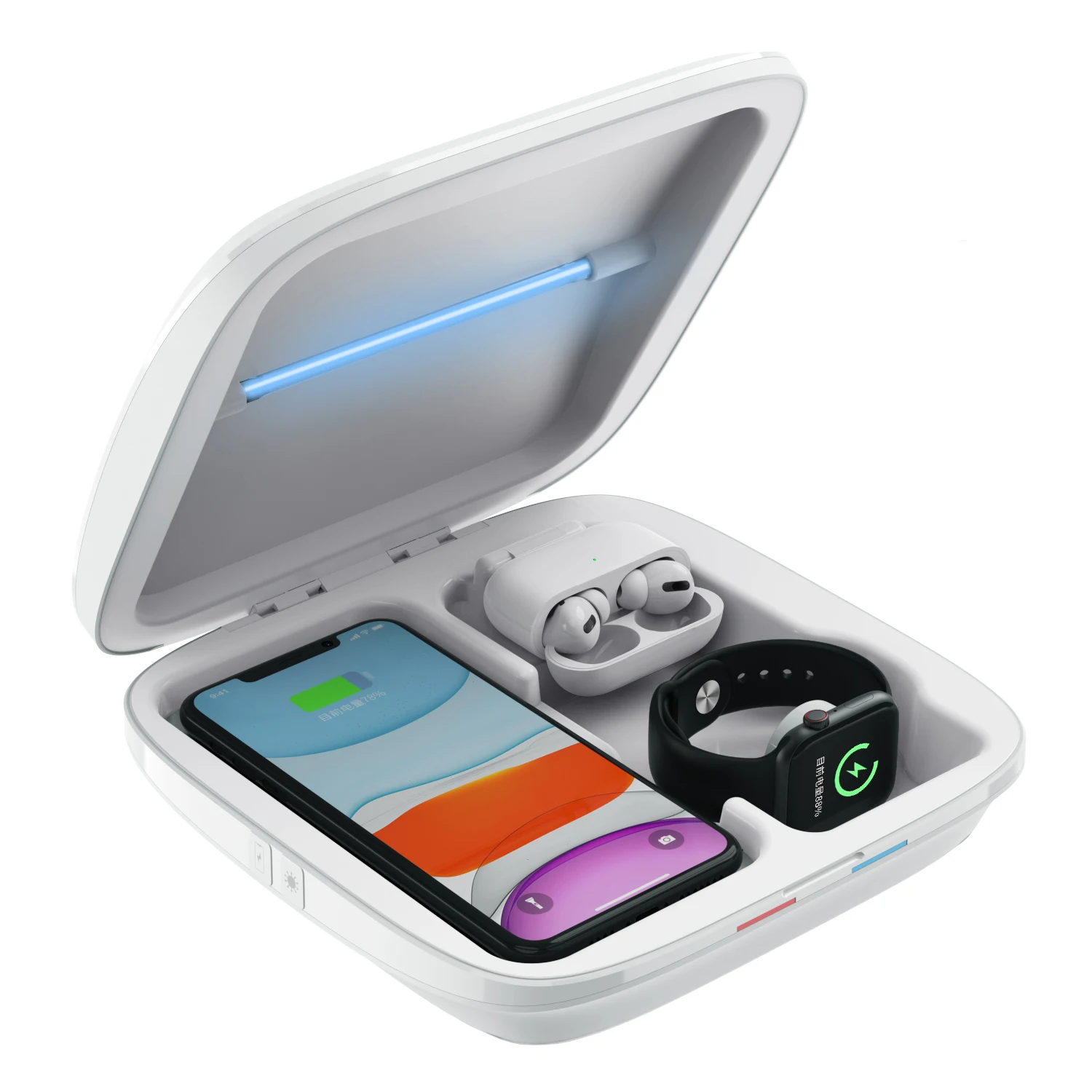 Multifunctional 4in1 Wireless Charger Dock UV Sterilizer Disinfection Box for iPhone Airpods iWatch
Multifunctional 4in1 Wireless Charger Dock UV Sterilizer Disinfection Box for iPhone Airpods iWatch