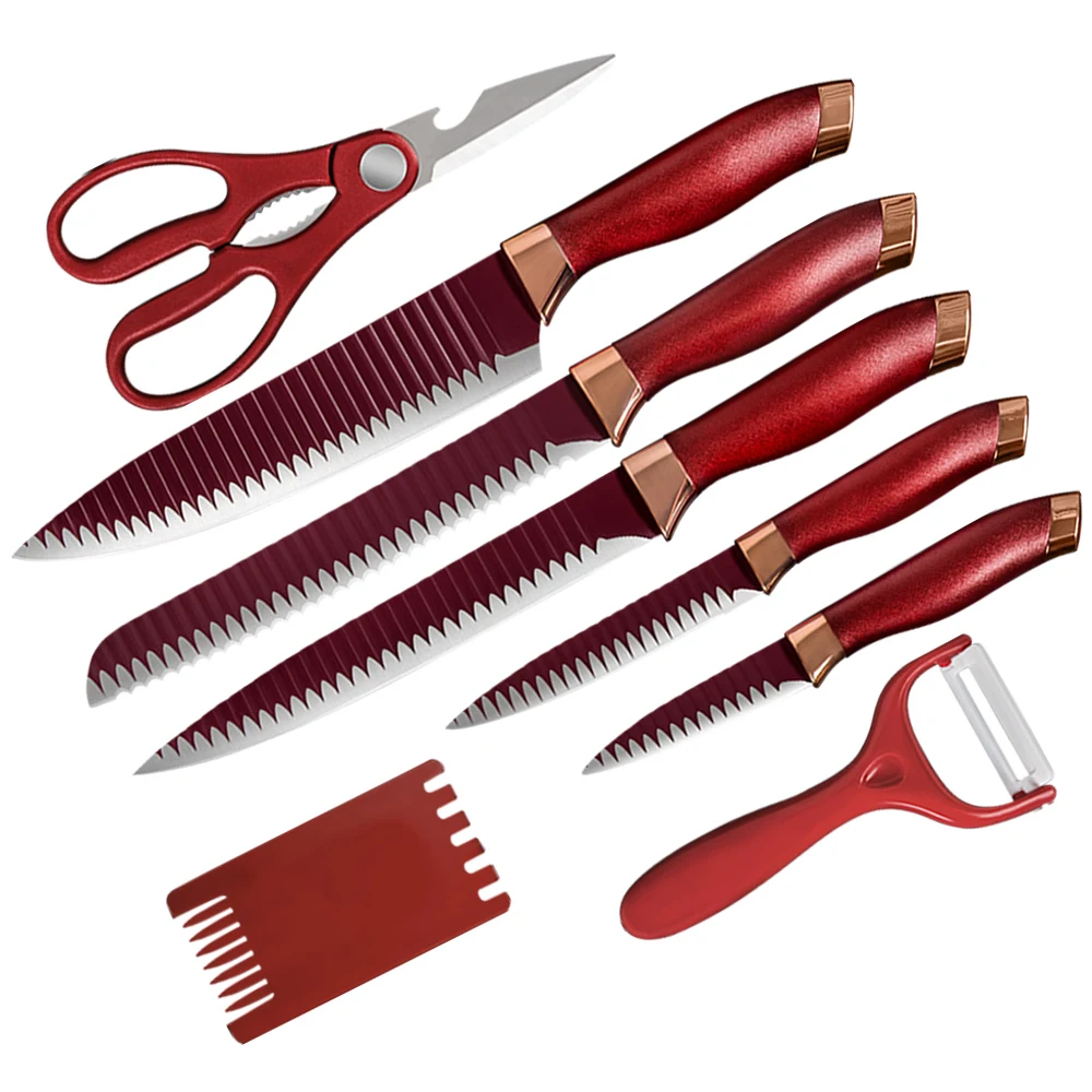 Amazon Hot ergonomic plastic handle non-stick red knife kitchen stainless steel 8pcs non stick knife set with gift box
Amazon Hot ergonomic plastic handle non-stick red knife kitchen stainless steel 8pcs non stick knife set with gift box
