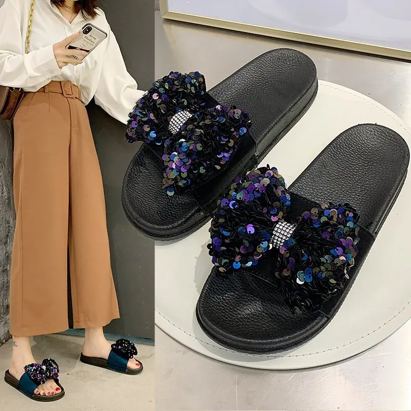 Summer new women's slippers sequined bow casual lady sandals high quality Diamond shining flat shoes
Summer new women's slippers sequined bow casual lady sandals high quality Diamond shining flat shoes