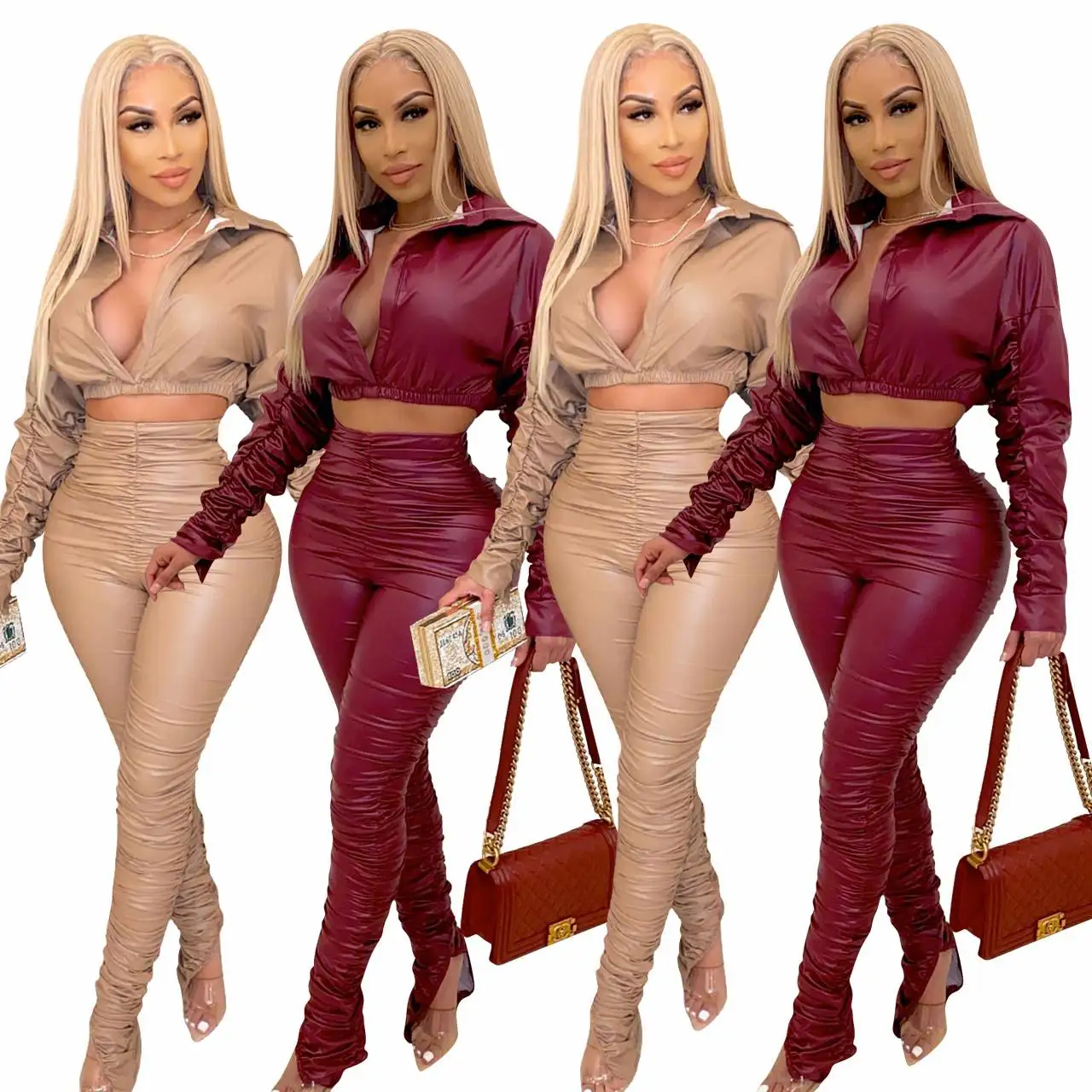 Sexy Stacked Jogger Leggings Joggers Fashion Women Leather Jackets Coats Pants Sets Two Piece Pu Set Clothing Tracksuits
Sexy Stacked Jogger Leggings Joggers Fashion Women Leather Jackets Coats Pants Sets Two Piece Pu Set Clothing Tracksuits