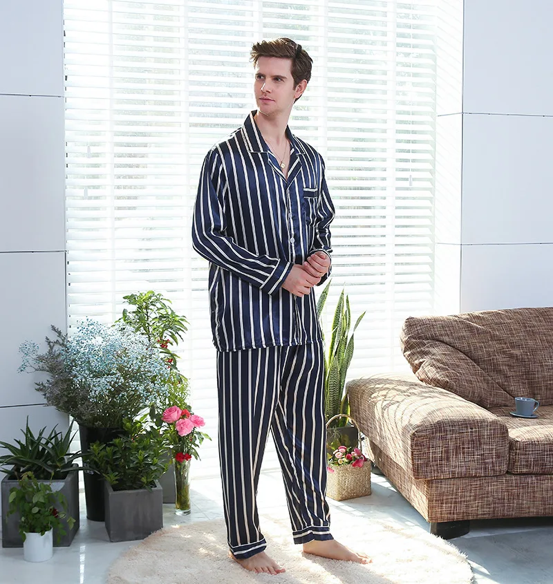 Fall Men'S Striped Silk Pajamas Men'S Long-Sleeved Printed Silk Sleepwear Thin Home Wear Pijamas Suit