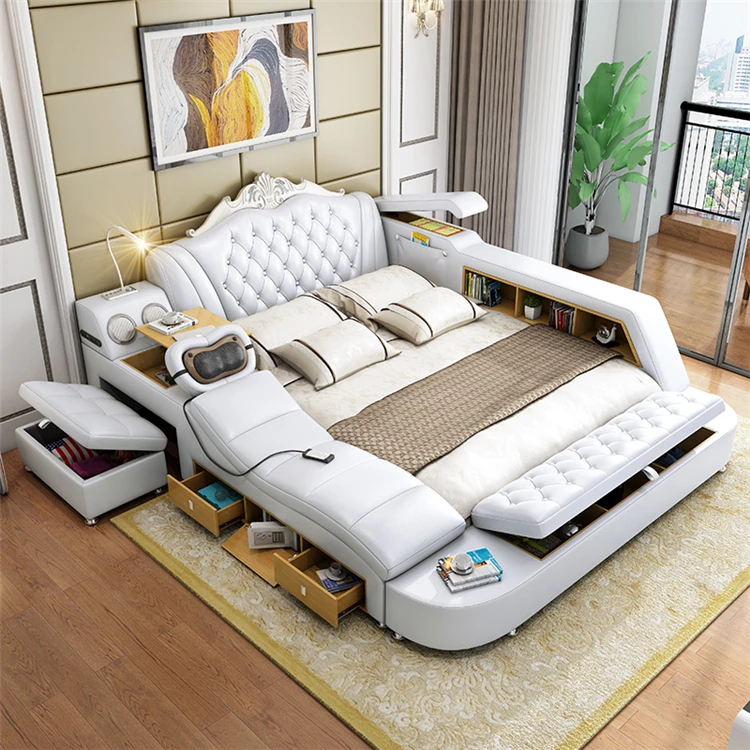 Luxus Modernes design schlafzimmer möbel smart bett bluetooth lautsprecher und massage Multi-funktions Polster Weiche leder bett