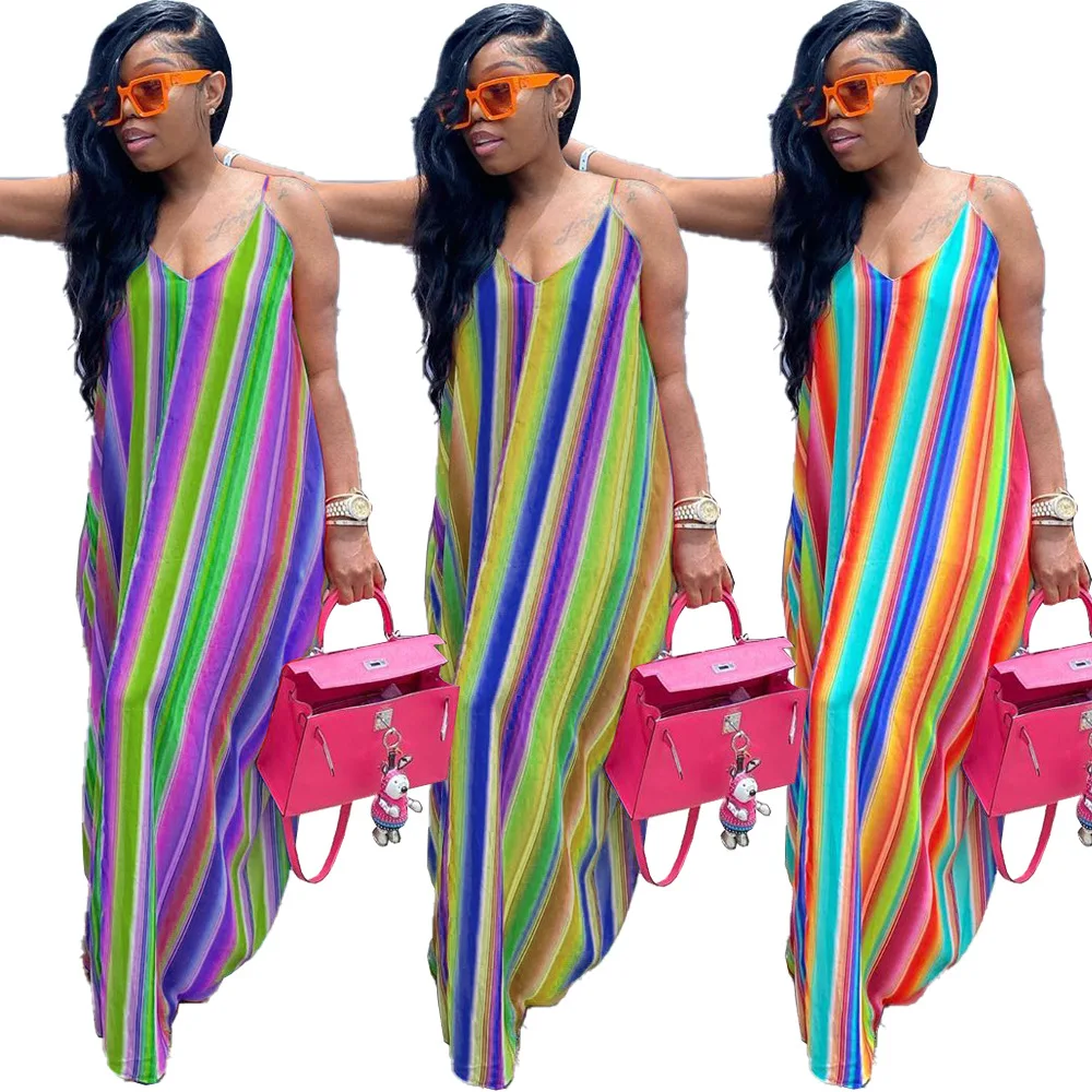 2021 Summer New Arrival Colorful Striped Loose Strap Dress Casual Straight Dresses For Women
2021 Summer New Arrival Colorful Striped Loose Strap Dress Casual Straight Dresses For Women