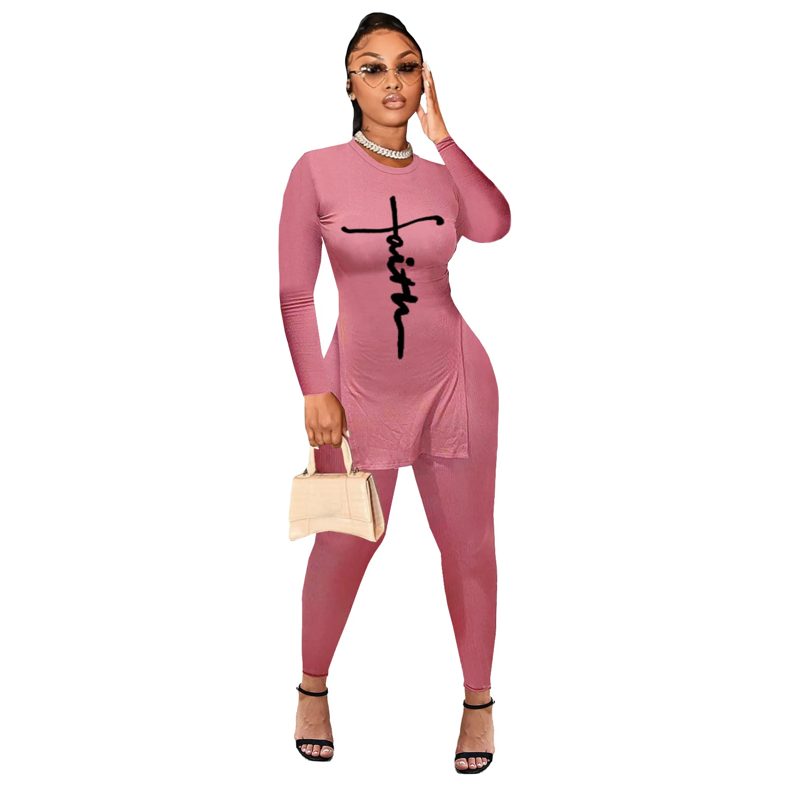 European And American Women's Pit Strip Letter Long Sleeve Printing Irregular Hem Elastic Two-piece Suit
European And American Women's Pit Strip Letter Long Sleeve Printing Irregular Hem Elastic Two-piece Suit